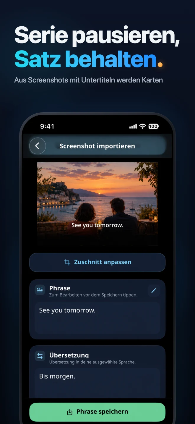 Einen Screenshot importieren und den gewünschten Satz auswählen