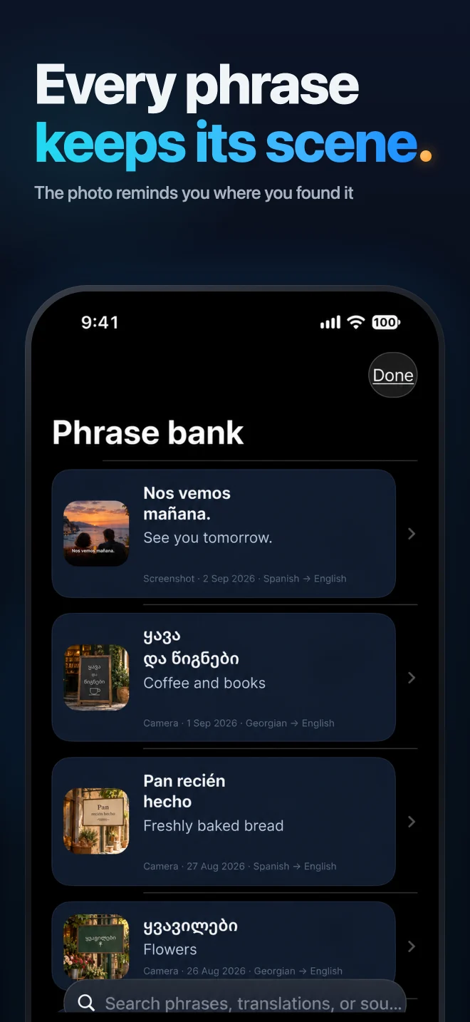 Scenelet phrase bank with saved phrases and their original photos