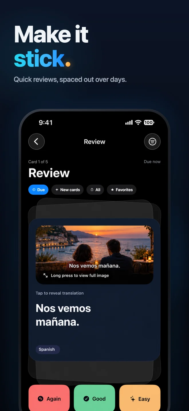 Review a phrase and rate your answer with Again, Good, or Easy
