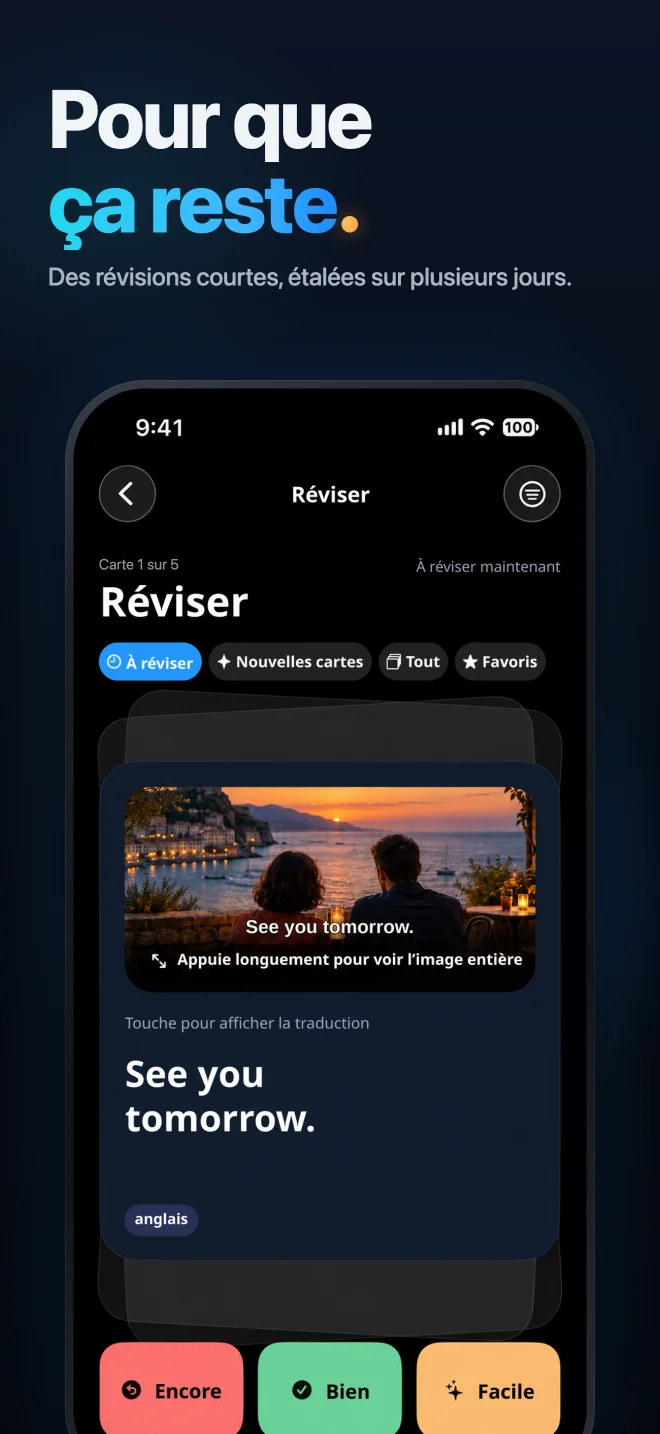 Réviser une phrase et évaluer sa réponse avec À revoir, Bien ou Facile