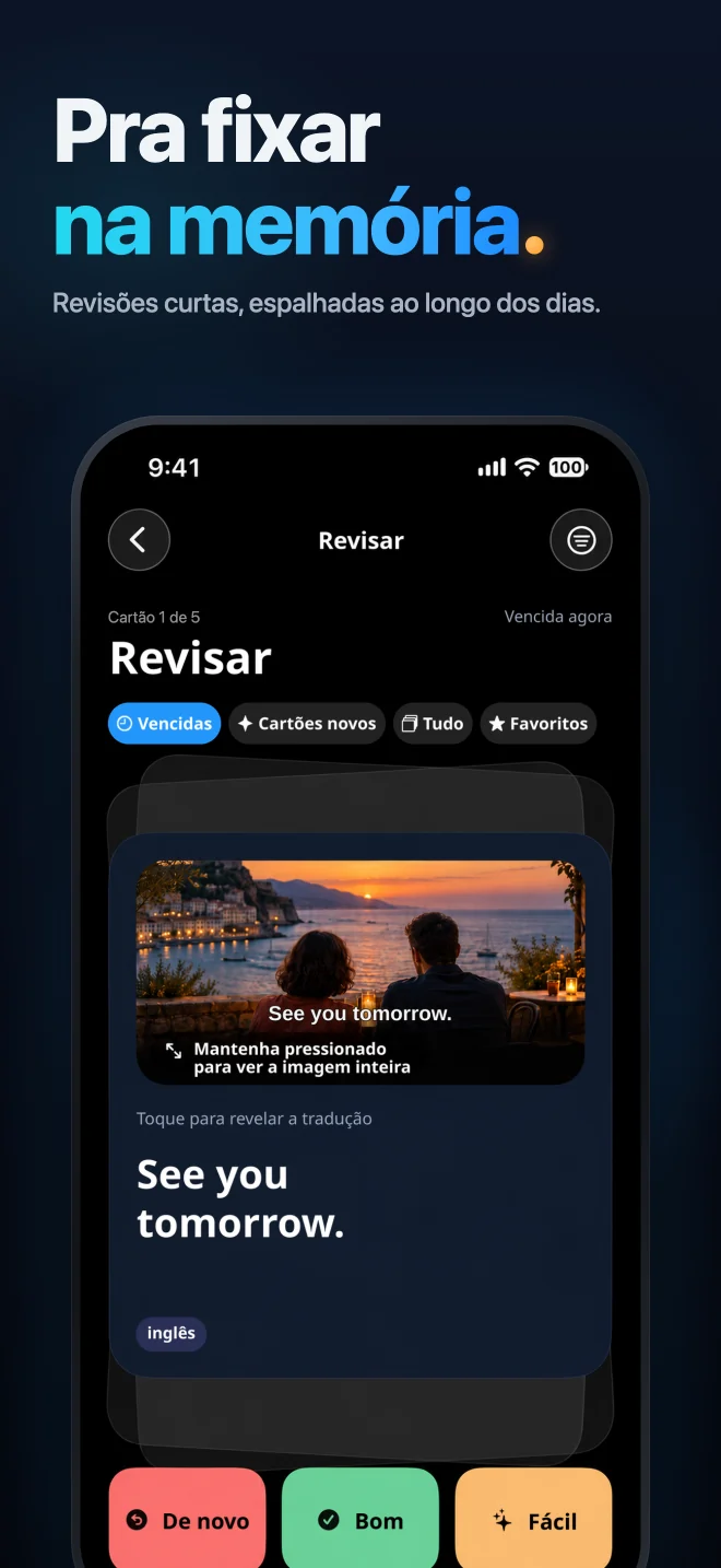 Revise uma frase e avalie sua resposta com De novo, Bom ou Fácil